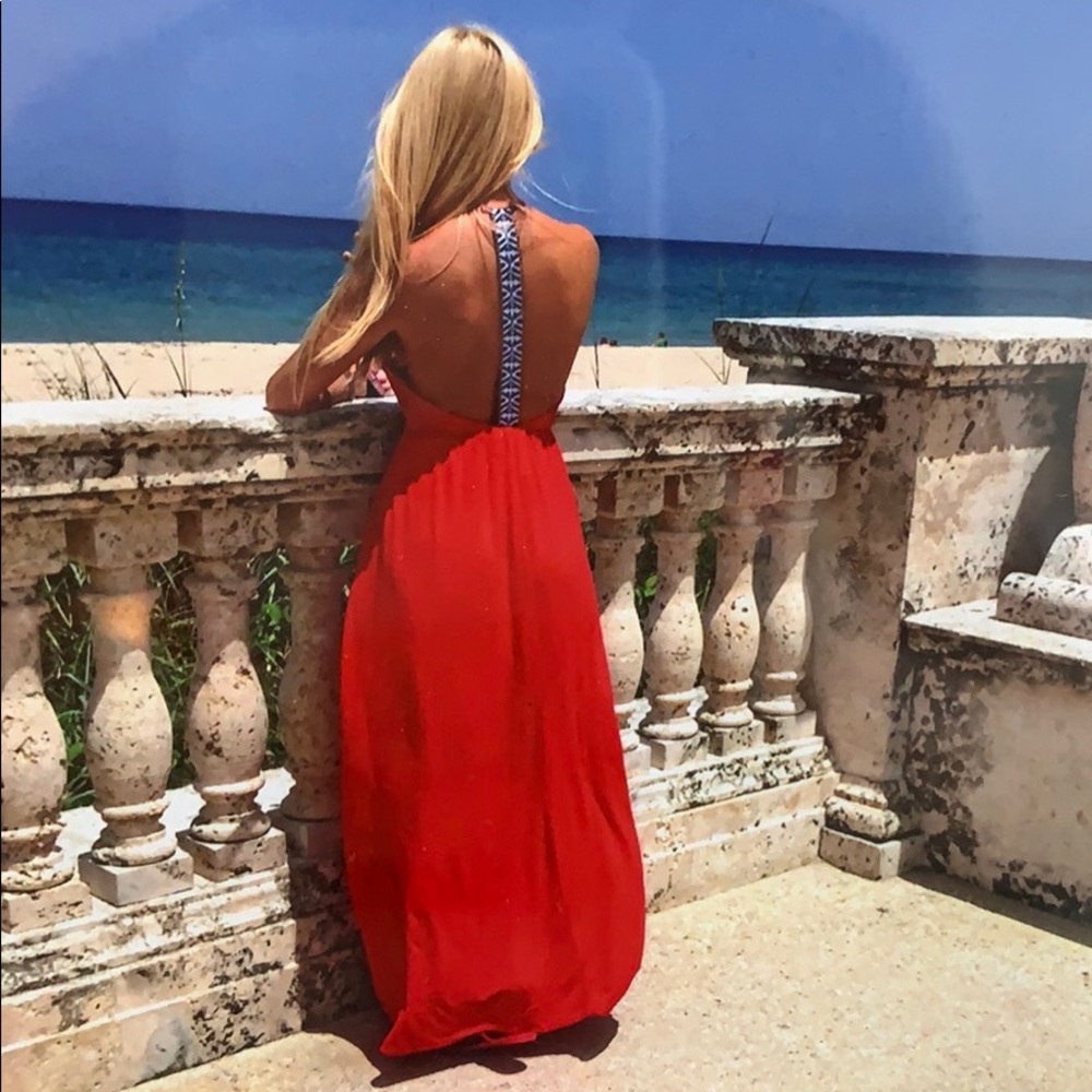 Red open back long dress